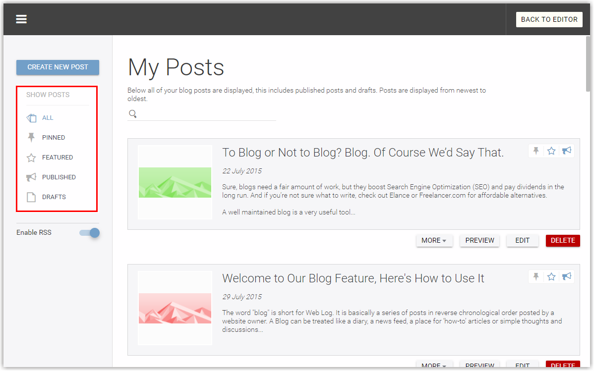 On the left-hand side, you can filter your posts by different categories. All, Pinned, Featured, Published, and Drafts