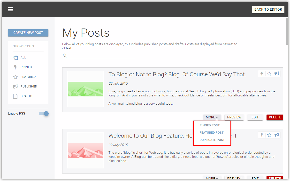 Within this button, you can Pin a post, toggle Featured Post on and off, and Duplicate a post