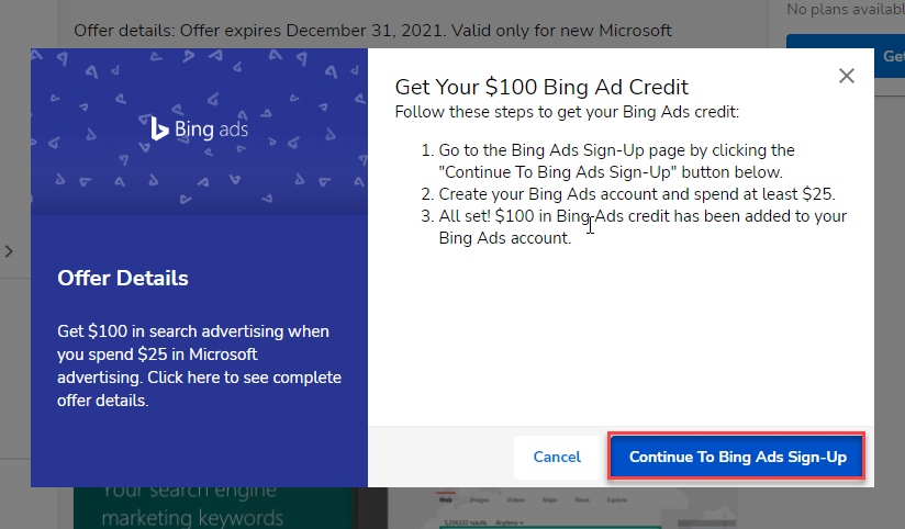 click on the Continue to Bing Ads Sign-Up button