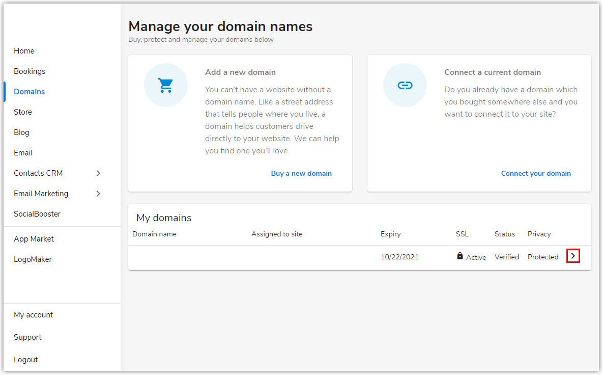 select the arrow next to your domain in your My Domains list that you need to update