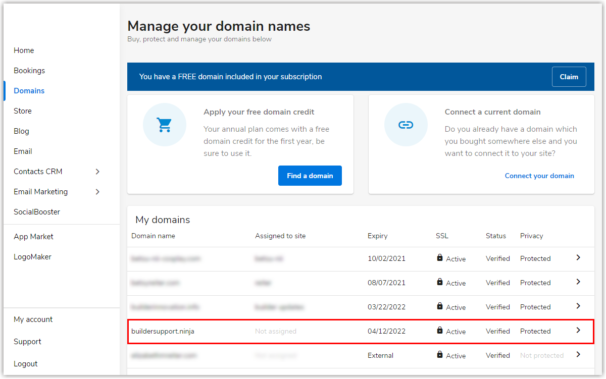 On the Domains page select the Domain Name
