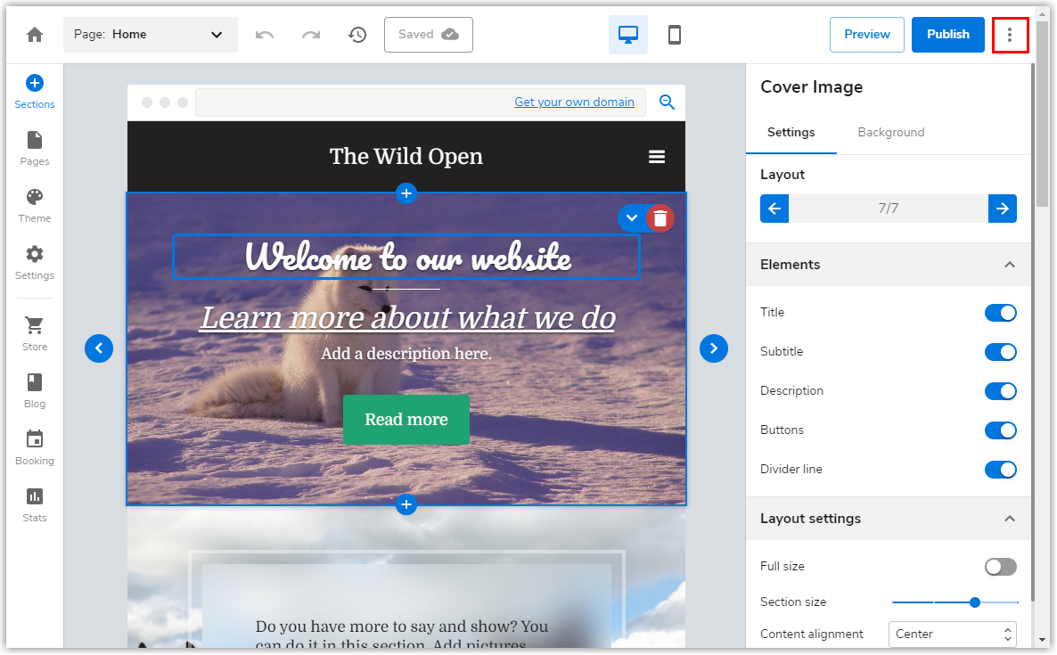 To open the support center in the Express Editor click on the three dots in the top right corner