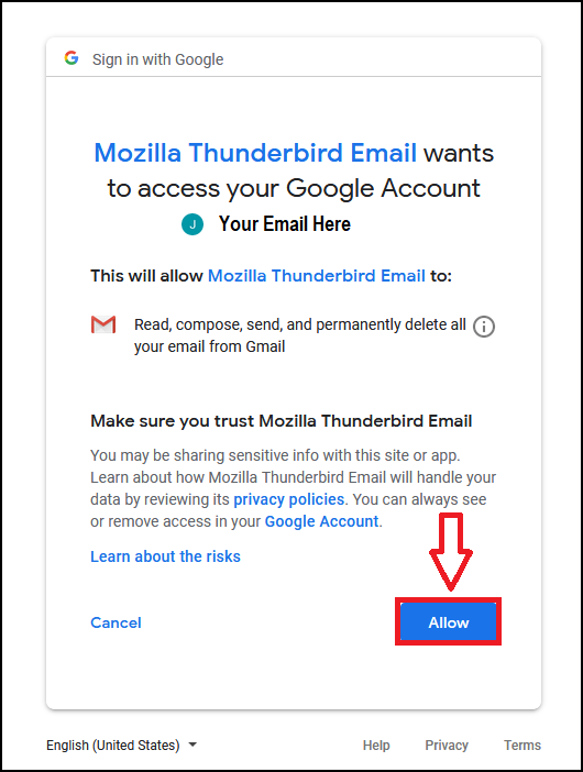 confirm allowing Mozilla access to your email