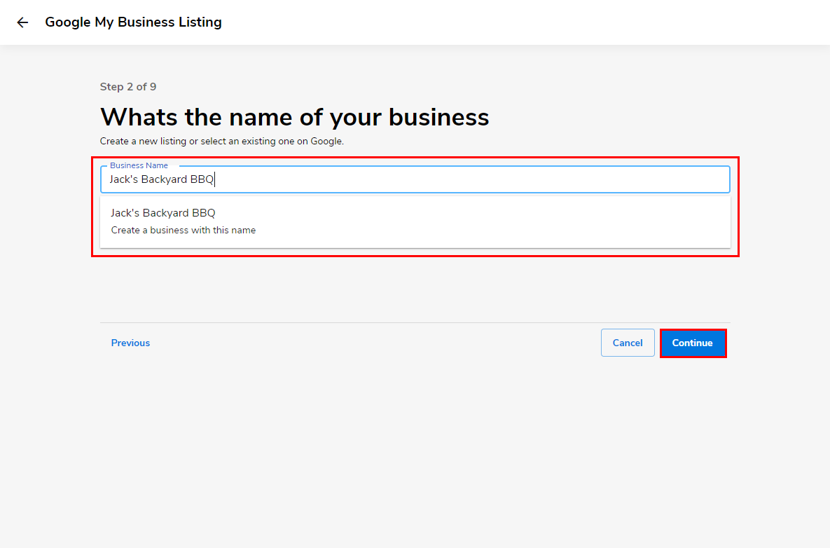 Fill out your business name then choose Continue
