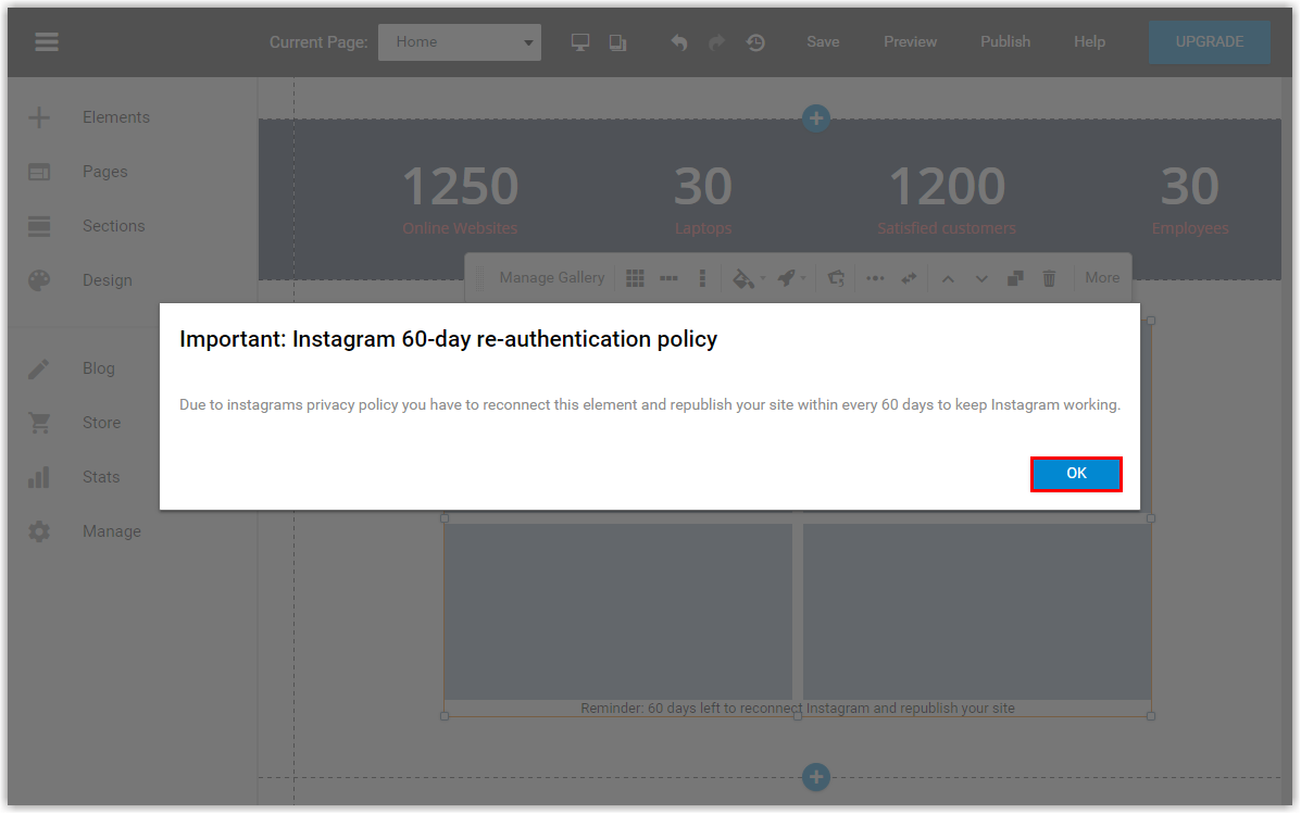 Click OK to continue editing your site