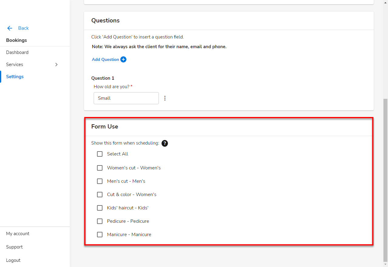 Bookings - Intake Form Questions