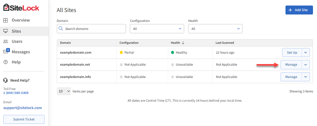 Sites tab - Manage button
