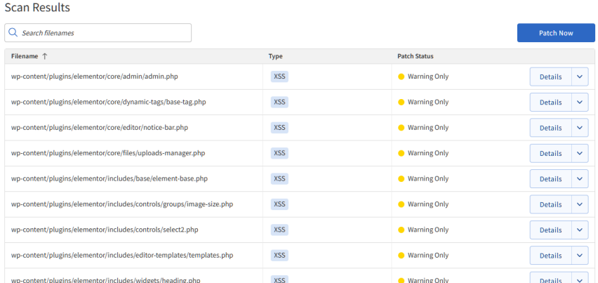 SMART PATCH Scanner shows vulnerabilities found with Patch Now button