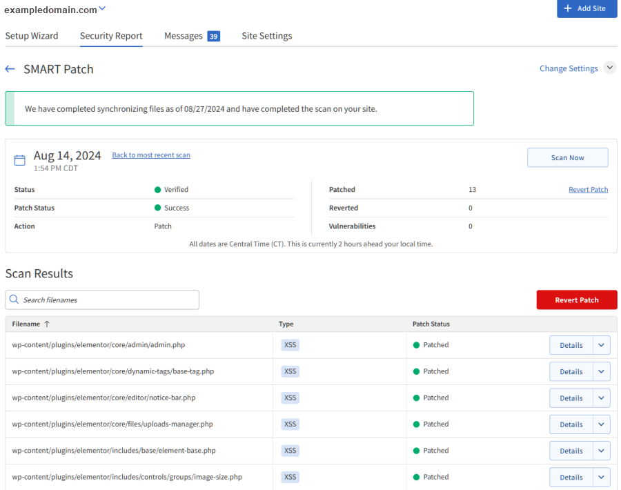 SiteLock - SMART PATCH Scanner Dashboard Overview