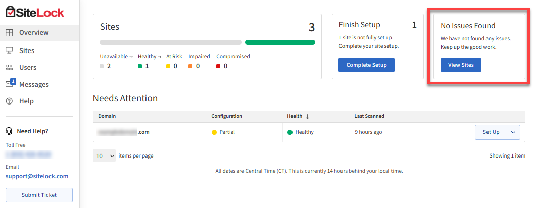 SiteLock Dashboard - Alerts Section