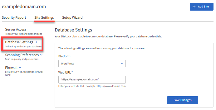 SMART Database - Site Settings tab - Database Settings