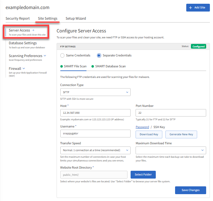 Site Settings tab - Configure Server Access