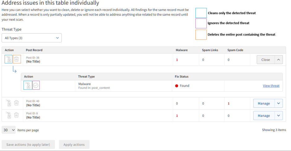 SiteLock SMART Database Scan - Found tab - Manage Individual Detection