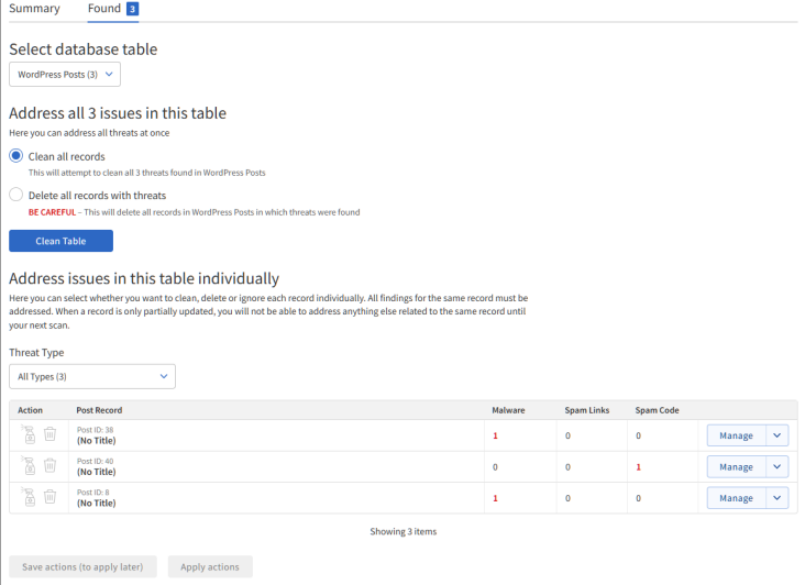 SiteLock SMART Database Scan - Found tab