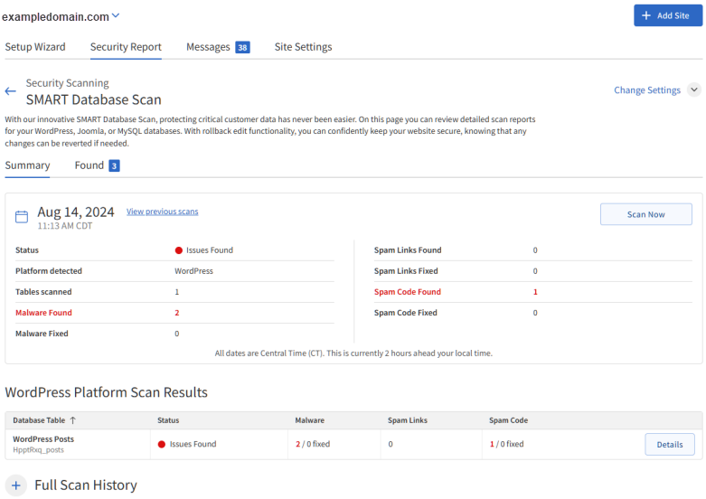 SiteLock SMART Database Scan