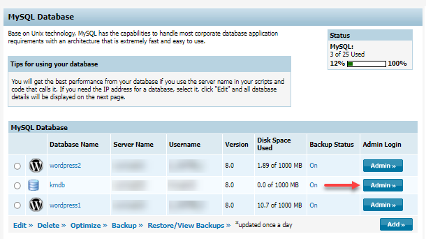 Database Manager - Admin button