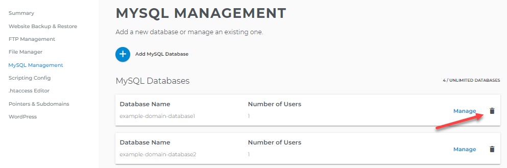 MySQL Management - Delete MySQL Database
