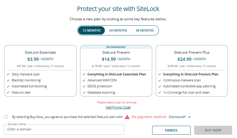 Select SiteLock Plan and Confirm payment method