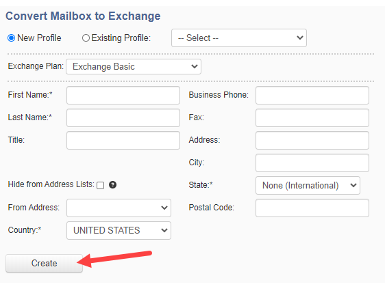 Convert Mailbox to Exchange and hit create