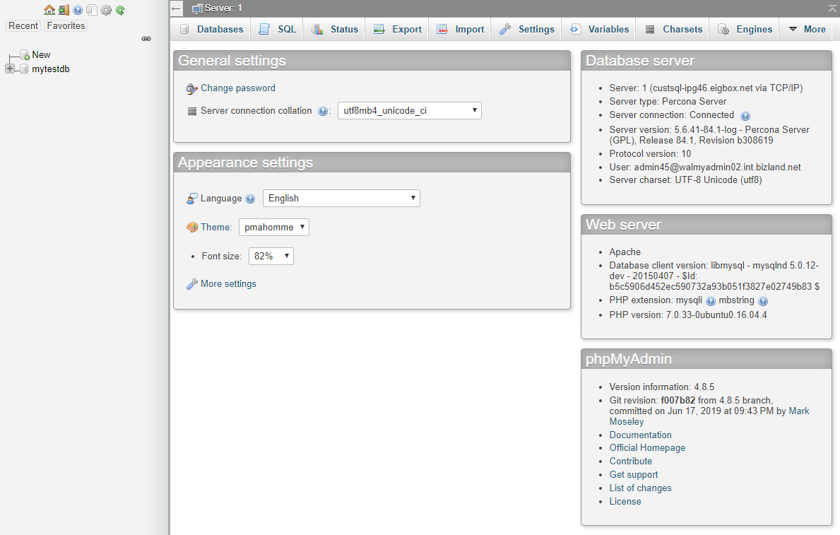 phpMyAdmin 4.8.5 interface