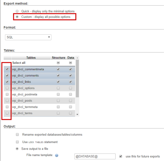 Custom export database