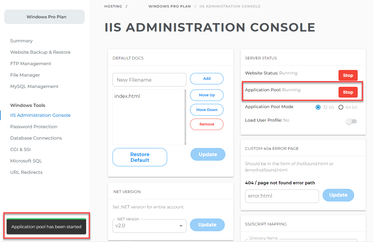 Application Pool Server Status changes