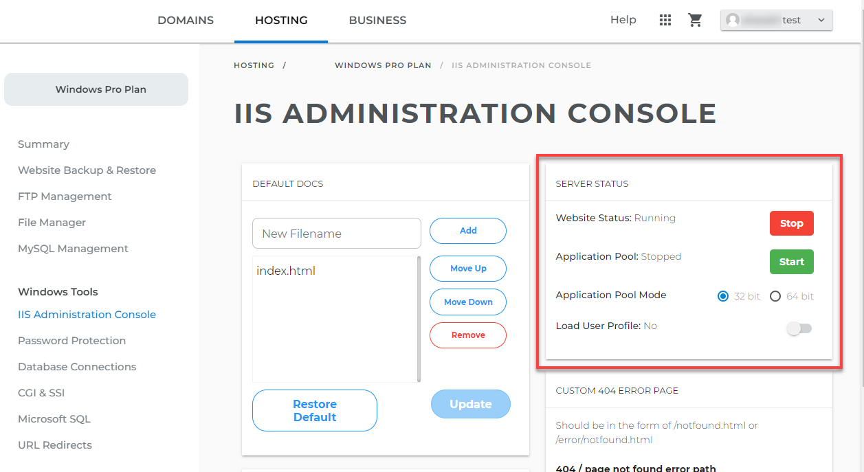 IIS Administration Console - Server Status