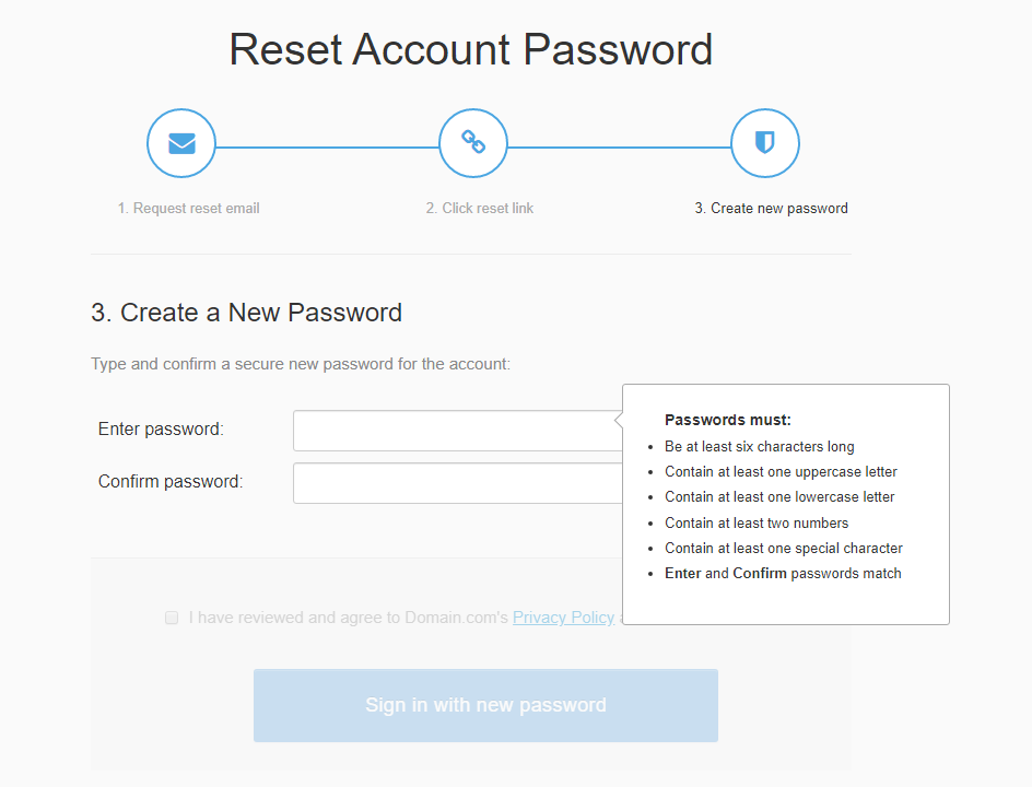 Reset password screen