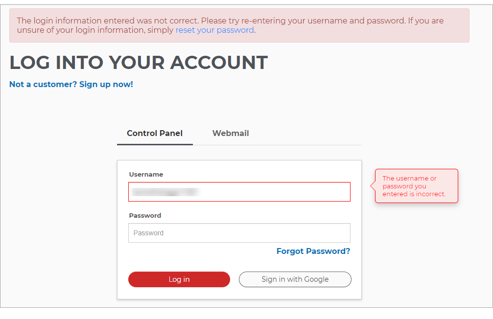 Wrong Username and Password