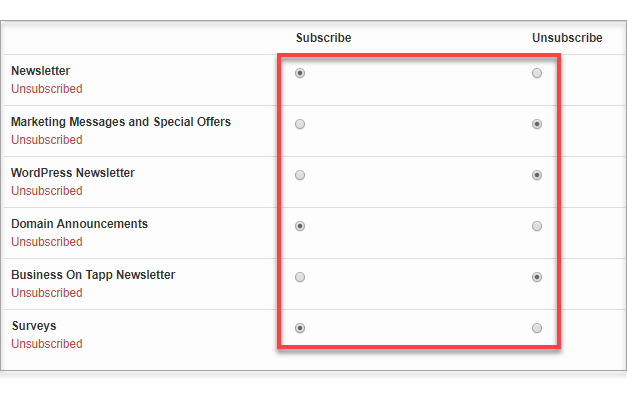 subscribe unsubscribe radio buttons