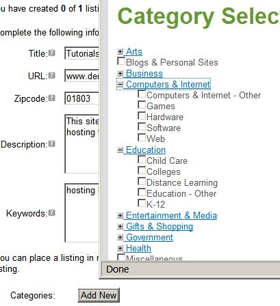 Select categories for listing