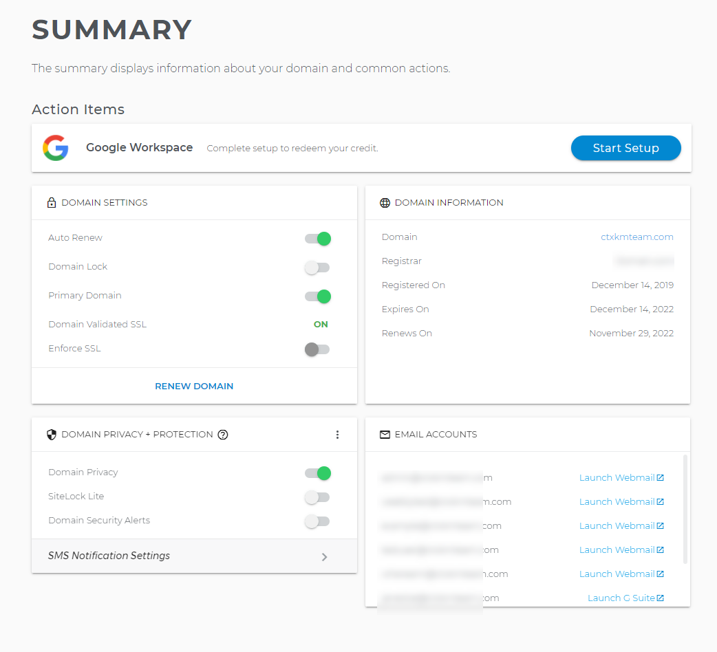 Domains dashboard summary page