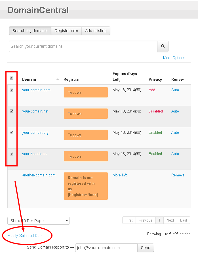 Modify selected domains