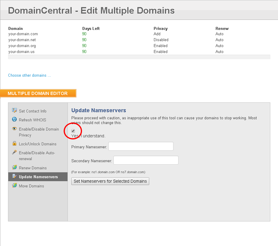Set nameservers for selected domains