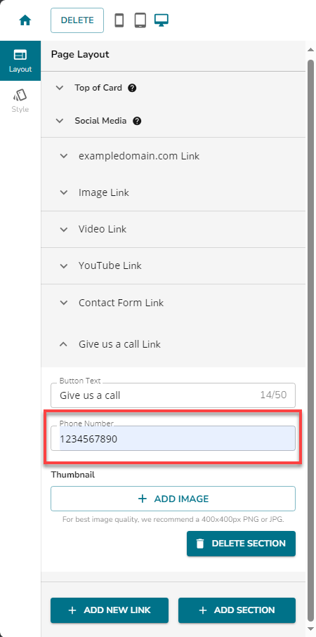 Marketing - MyLinks Edit Mylinks Site + Add New Link button - Call