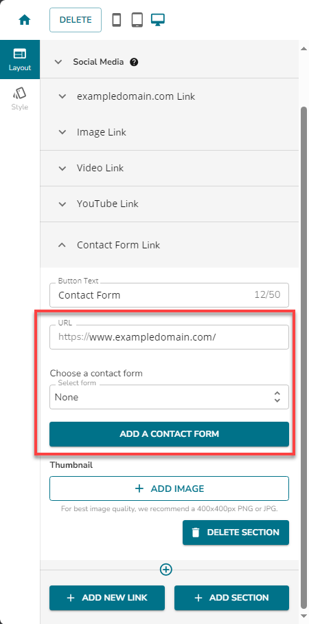 Marketing - MyLinks Edit Mylinks Site + Add New Link button - Contact Form