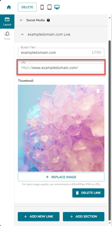 Marketing - MyLinks Edit Mylinks Site + Add New Link button - URL