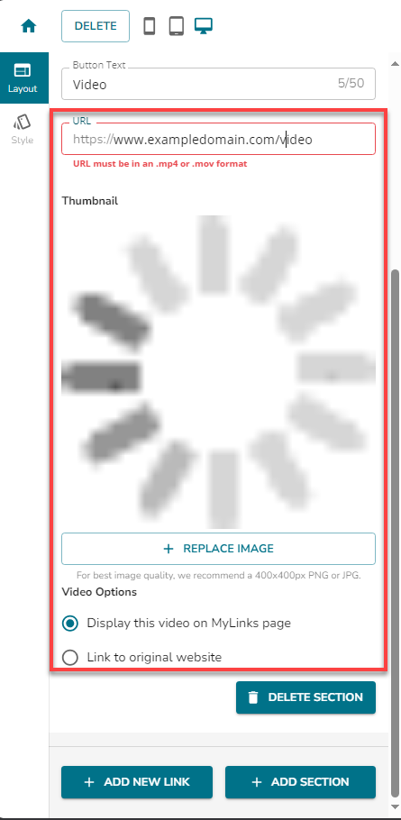 Marketing - MyLinks Edit Mylinks Site + Add New Link button - Video
