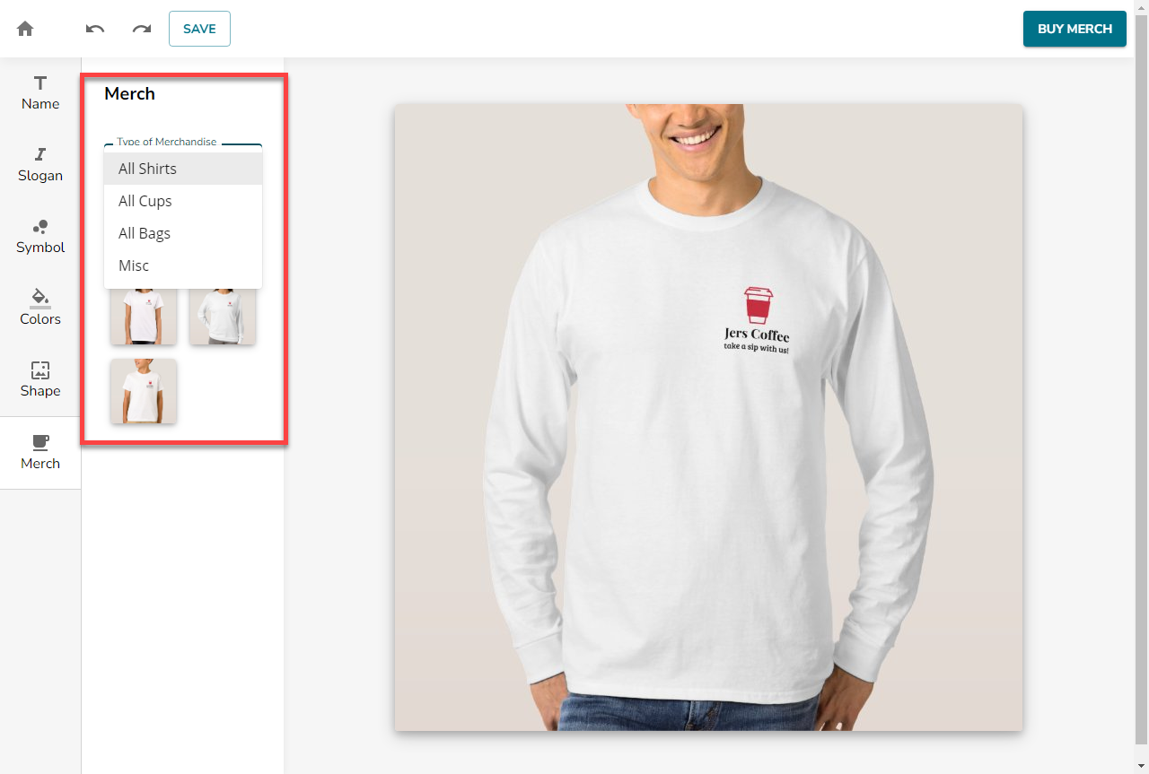 Create a Logo in LogoBuilder - Image showing Merch Menu