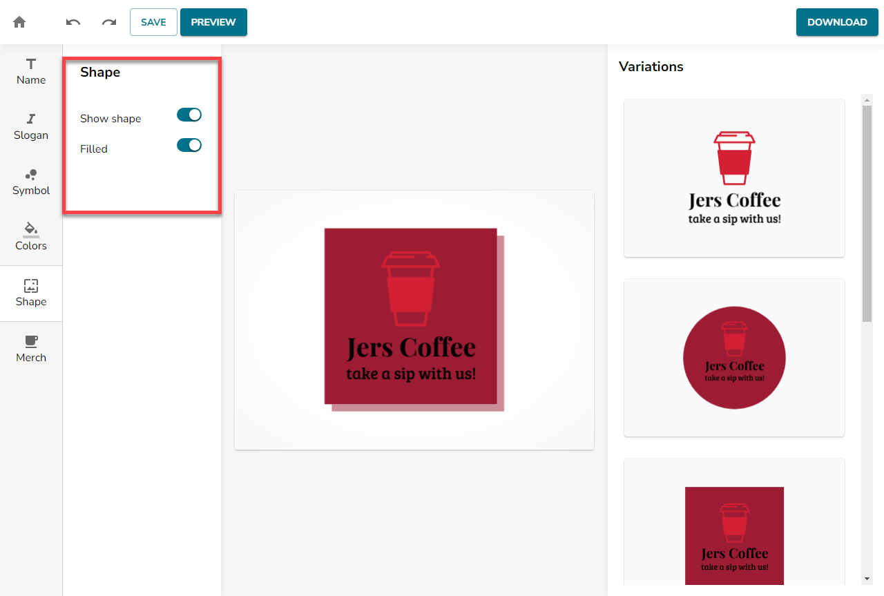 Create a Logo in LogoBuilder - Image showing Shape Menu
