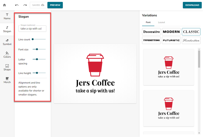 Create a Logo in LogoBuilder - Image showing Slogan Menu
