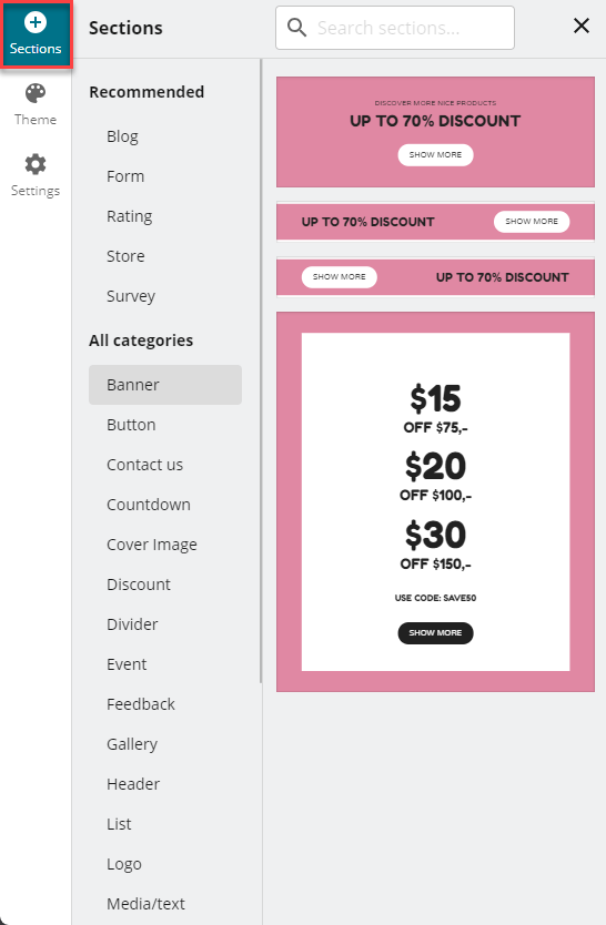 Create Email Campaign Edit Template Left Menu Sections