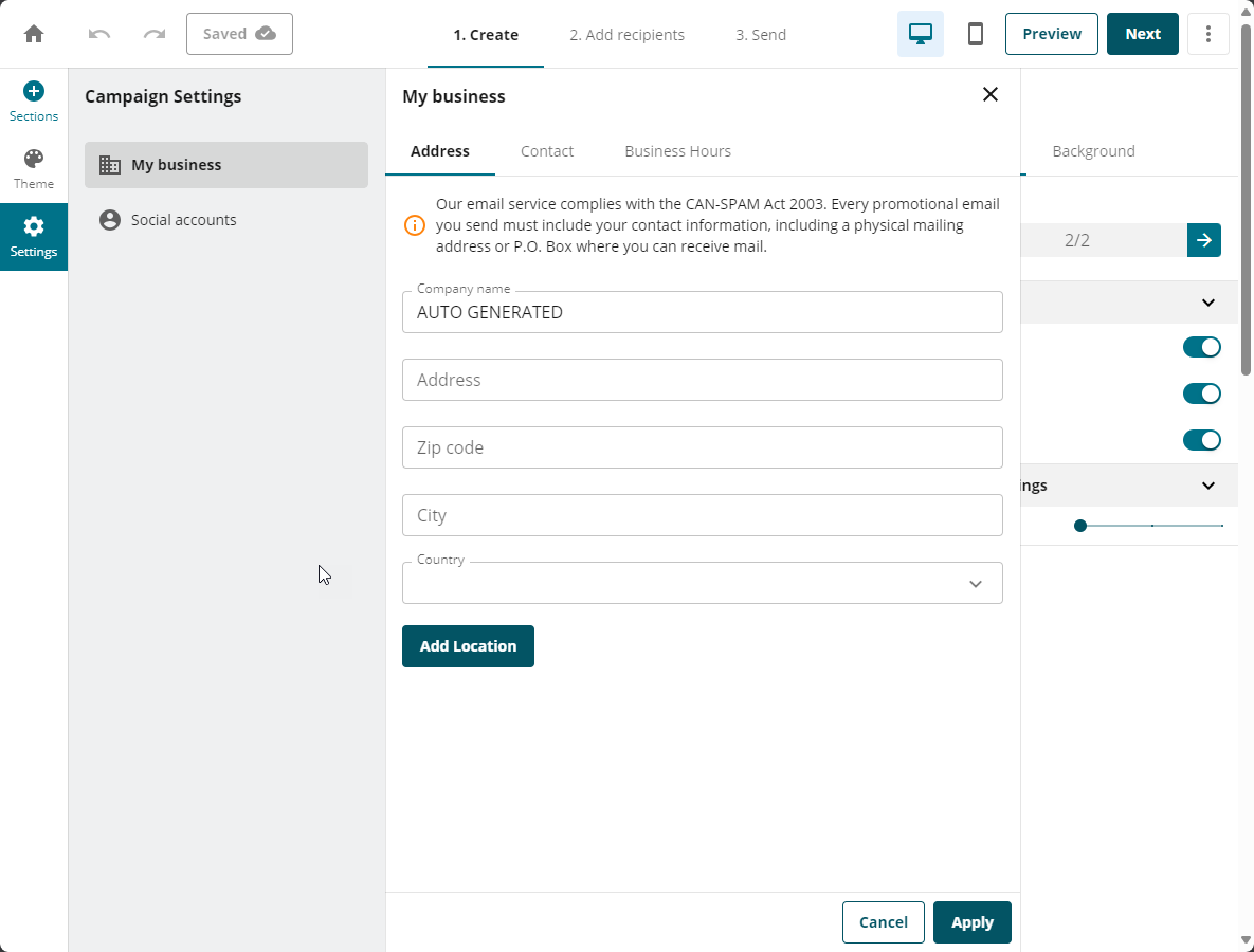 Create Email Campaign Edit Template Left Menu My Business Settings
