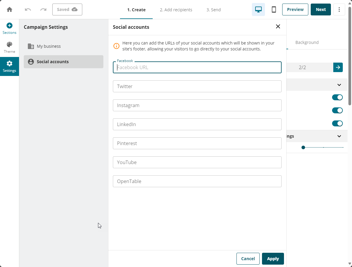 Create Email Campaign Edit Template Left Menu Social Account Settings