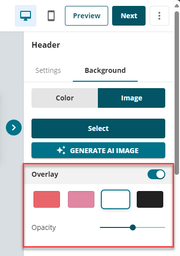 Create Email Campaign Edit Template Right Menu Background Overlay