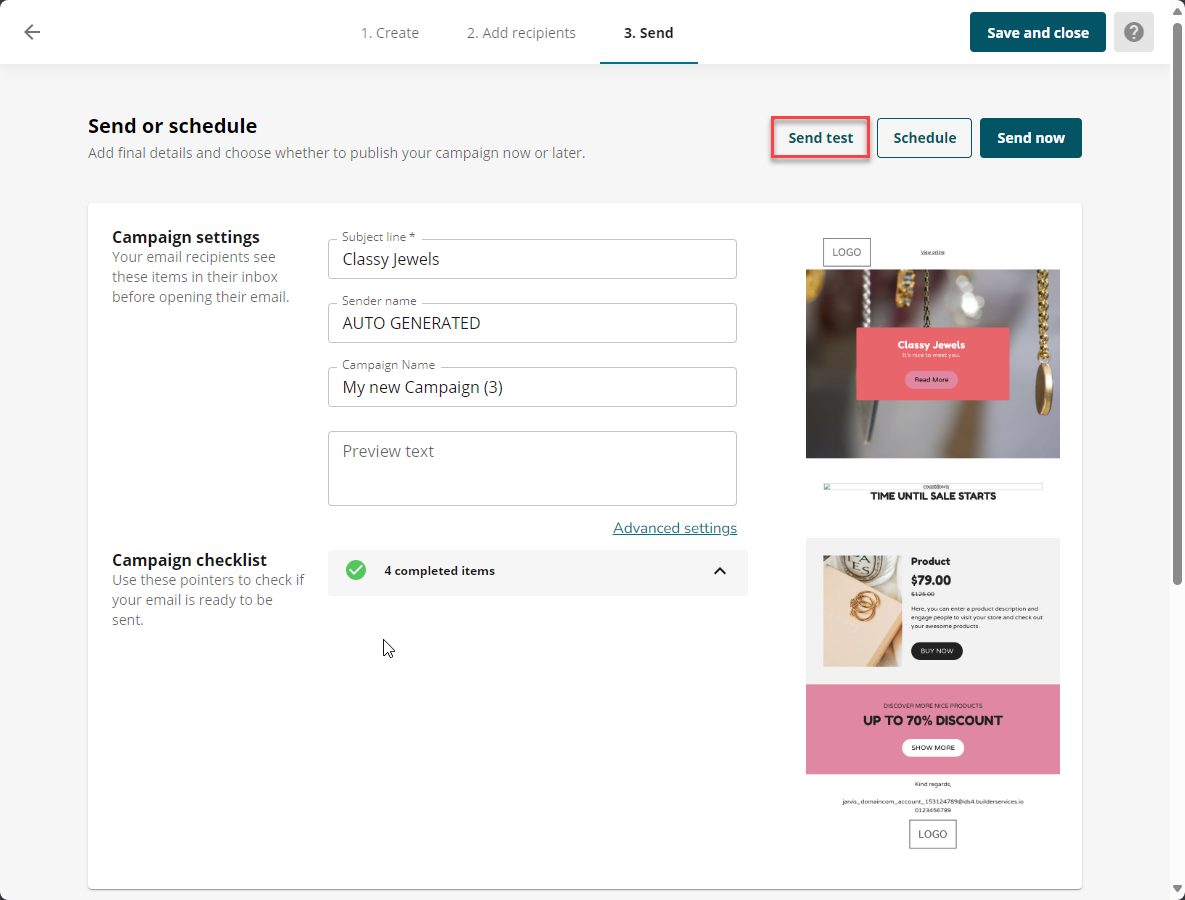 Create Email Campaign - Send test button