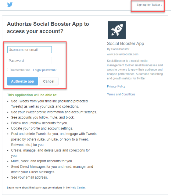 Marketing SocialBooster Connect Twitter Login Page