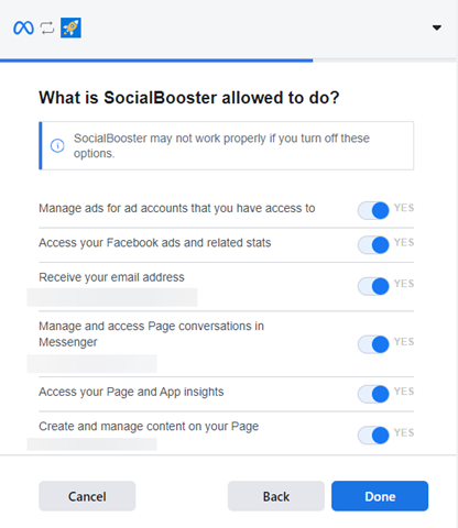 Marketing SocialBooster Facebook Login Permission Allowed
