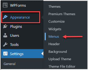 Menus option under Appearance