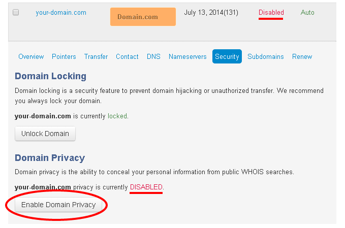 Click Enable Domain Privacy